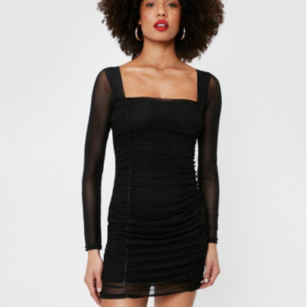 Black Sheer Sleeve Ruched Mesh Mini Dress
